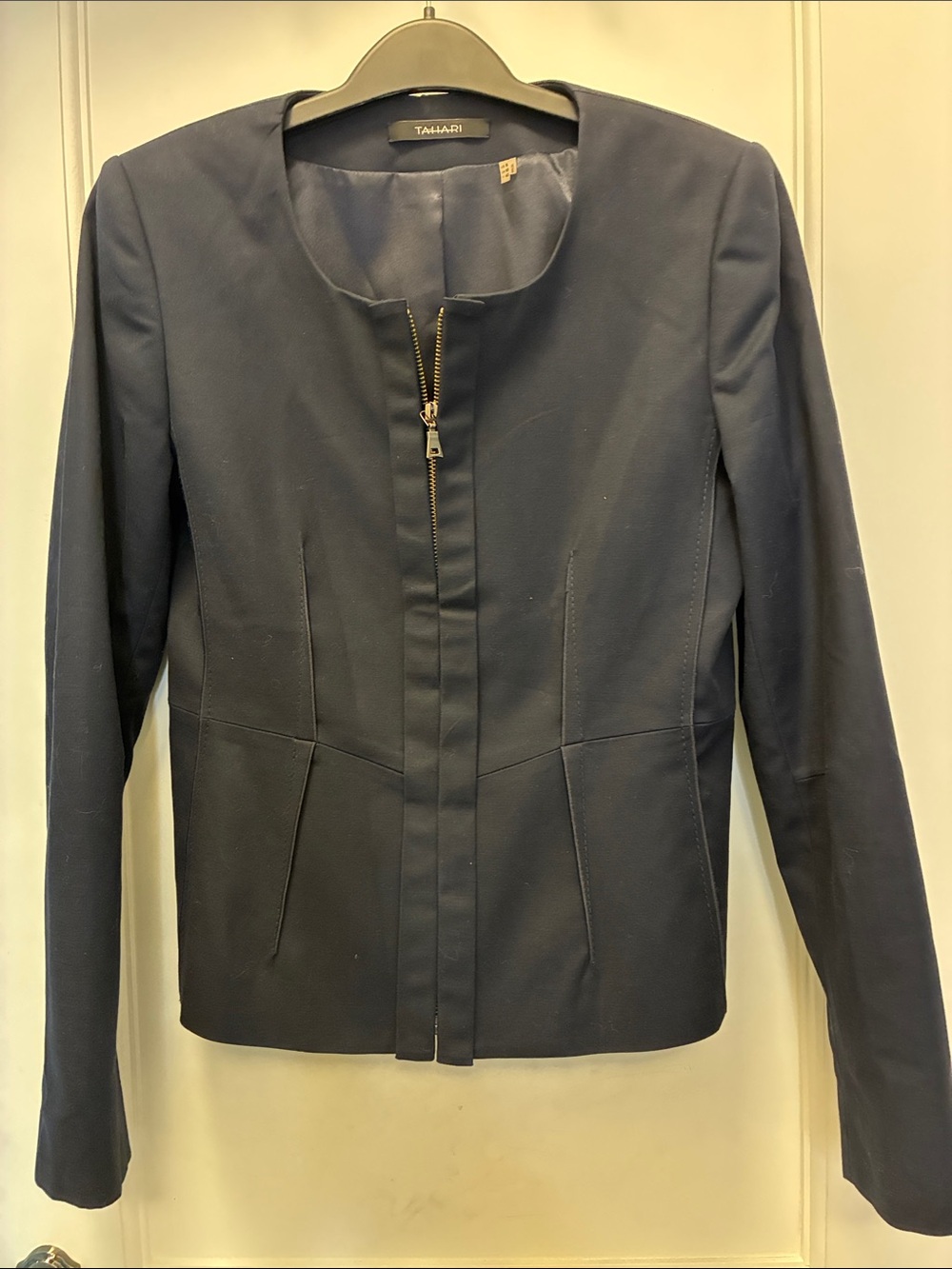 Tahari Dark Navy Zip Front Collarless Blazer Jacket 6 ⭐️TSJK5